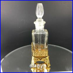 Vintage Glass Perfume Bottle & Stopper Dabber Brass Ormolu Carrier Peacock Plume