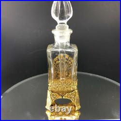 Vintage Glass Perfume Bottle & Stopper Dabber Brass Ormolu Carrier Peacock Plume