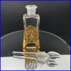 Vintage Glass Perfume Bottle & Stopper Dabber Brass Ormolu Carrier Peacock Plume