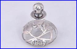 Vintage Glass & Silver Overlay Mongram Perfume Bottle 3.5 Art Nouveau