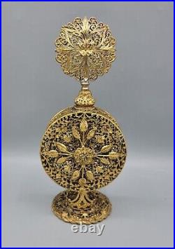 Vintage Gold Filigree ORMOLU Ornate Floral Pedestal Perfume Bottle withDauber 8.5