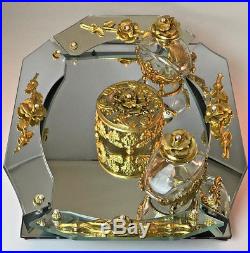 Vintage Gold Gilt Ormolu 18 Vanity Mirror Tray Perfume Bottles Trinket Jar Set