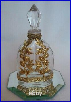 Vintage Gold Gilt Ormolu Filigree Decorated Glass Perfume Dresser Bottle