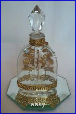 Vintage Gold Gilt Ormolu Filigree Decorated Glass Perfume Dresser Bottle