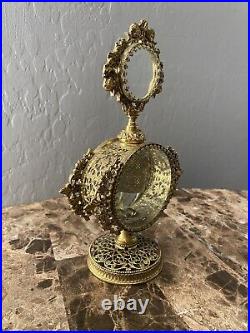 Vintage Gold ORMOLU Filigree Large PERFUME BOTTLE Cupid Hollywood Regency Glass
