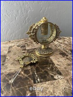 Vintage Gold ORMOLU Filigree Large PERFUME BOTTLE Cupid Hollywood Regency Glass