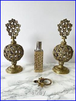 Vintage Gold ORMOLU Filigree Large Perfume Bottles Lot Leaf Motif Floral Glass