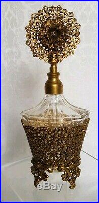 Vintage Gold Ormolu &Belived Glass Perfume Bottle withDauber and Round Dresser box