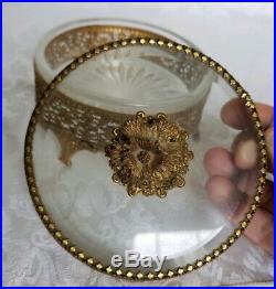 Vintage Gold Ormolu &Belived Glass Perfume Bottle withDauber and Round Dresser box