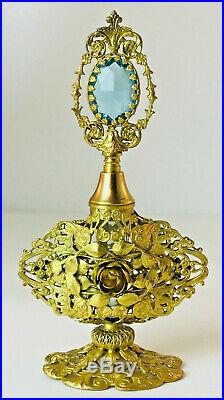 Vintage Gold Ormolu Filigree 6.5 Perfume Bottle With Blue Stone Dauber Top