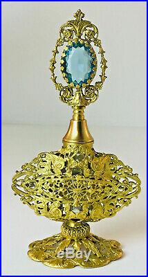 Vintage Gold Ormolu Filigree 6.5 Perfume Bottle With Blue Stone Dauber Top