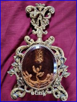 Vintage Gold Ormolu Filigree Large Oval Perfume Bottle with Cherub Dauber Vanity