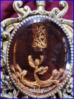 Vintage Gold Ormolu Filigree Large Oval Perfume Bottle with Cherub Dauber Vanity
