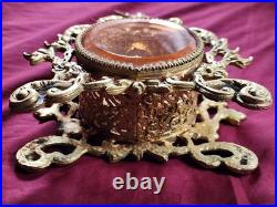 Vintage Gold Ormolu Filigree Large Oval Perfume Bottle with Cherub Dauber Vanity
