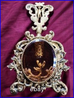 Vintage Gold Ormolu Filigree Large Oval Perfume Bottle with Cherub Dauber Vanity
