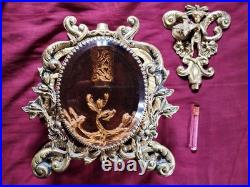 Vintage Gold Ormolu Filigree Large Oval Perfume Bottle with Cherub Dauber Vanity