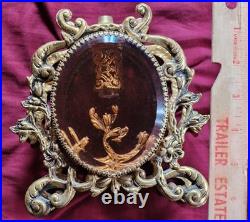 Vintage Gold Ormolu Filigree Large Oval Perfume Bottle with Cherub Dauber Vanity