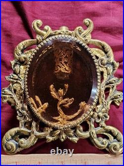Vintage Gold Ormolu Filigree Large Oval Perfume Bottle with Cherub Dauber Vanity