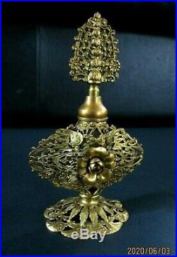 Vintage Gold Ormolu Filigree Perfume Bottle & Footed Jewelry Casket Set, Matson