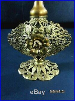 Vintage Gold Ormolu Filigree Perfume Bottle & Footed Jewelry Casket Set, Matson