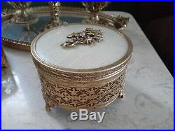 Vintage Gold Ormolu Filigree Perfume Bottle Vase Jewelry Box Powder Vanity Set