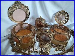 Vintage Gold Ormolu Filigree Perfume Bottles Jewelry Caskets Dresser Set Matson