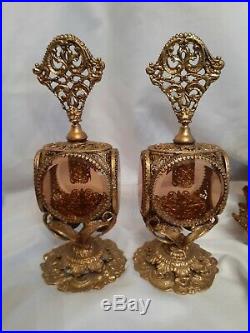 Vintage Gold Ormolu Filigree Perfume Bottles Jewelry Caskets Dresser Set Matson