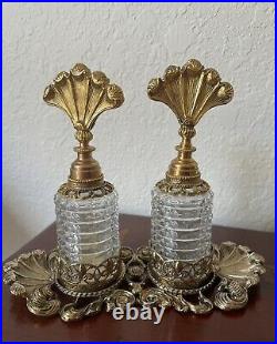 Vintage Gold Ornate Ormolu Stylebuilt Perfume Tray with 2 Glass Perfume bottles