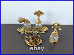 Vintage Gold-Plated Ornate Ormalu Perfume Tray 2 Glass Perfume Lipstick Set K5