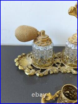 Vintage Gold-Plated Ornate Ormalu Perfume Tray 2 Glass Perfume Lipstick Set K5