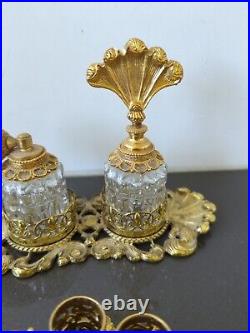 Vintage Gold-Plated Ornate Ormalu Perfume Tray 2 Glass Perfume Lipstick Set K5