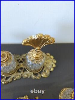 Vintage Gold-Plated Ornate Ormalu Perfume Tray 2 Glass Perfume Lipstick Set K5