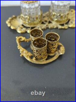 Vintage Gold-Plated Ornate Ormalu Perfume Tray 2 Glass Perfume Lipstick Set K5