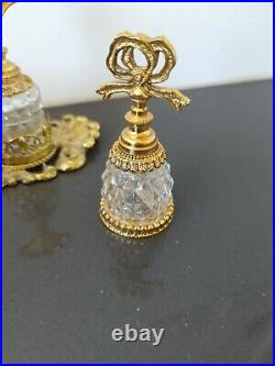 Vintage Gold-Plated Ornate Ormalu Perfume Tray 2 Glass Perfume Lipstick Set K5