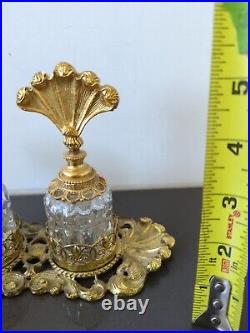 Vintage Gold-Plated Ornate Ormalu Perfume Tray 2 Glass Perfume Lipstick Set K5