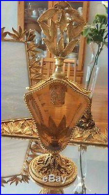 Vintage Gold Tone Vanity Set Mirrored Tray Perfume Bottles Frames ClockVase