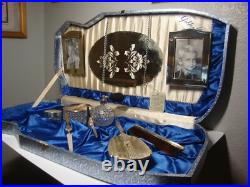 Vintage Golden Wheel Vanity Set 10 Pc Boxed Dresser Set Perfume Bottle Case