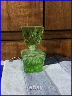 Vintage Green Bohemian Art Deco Cut Glass Perfume Bottle With Stopper