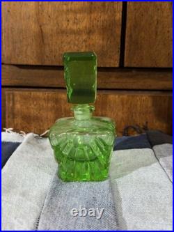 Vintage Green Bohemian Art Deco Cut Glass Perfume Bottle With Stopper