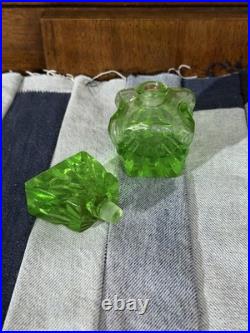 Vintage Green Bohemian Art Deco Cut Glass Perfume Bottle With Stopper