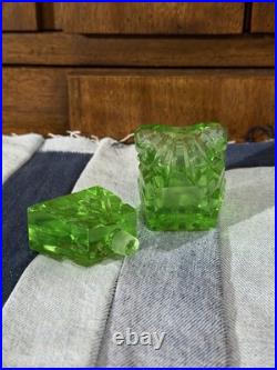 Vintage Green Bohemian Art Deco Cut Glass Perfume Bottle With Stopper