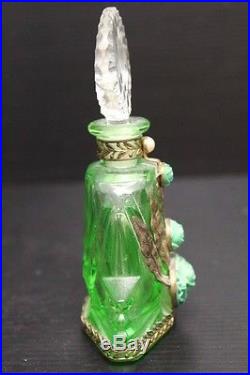 Vintage Green Bohemian Czechoslovia Glass & Jeweled Perfume Bottle withStopper, 5