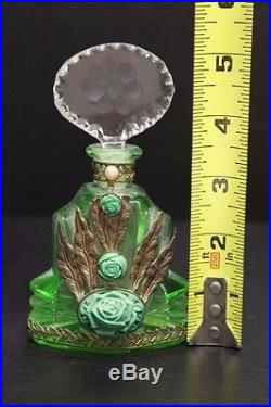 Vintage Green Bohemian Czechoslovia Glass & Jeweled Perfume Bottle withStopper, 5