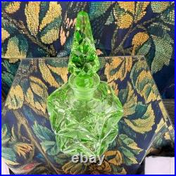 Vintage Green Cut Glass Perfume Bottle Art Deco Geometric Stopper Dauber 6 inch