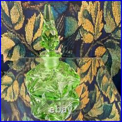 Vintage Green Cut Glass Perfume Bottle Art Deco Geometric Stopper Dauber 6 inch