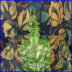 Vintage Green Cut Glass Perfume Bottle Art Deco Geometric Stopper Dauber 6 inch