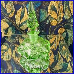 Vintage Green Cut Glass Perfume Bottle Art Deco Geometric Stopper Dauber 6 inch Vintage Green Cut Glass Perfume Bottle Art Deco Geometric Stopper Dauber 6 inch