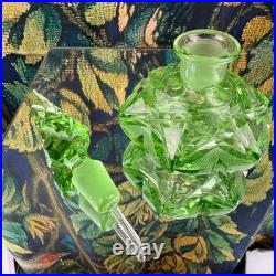 Vintage Green Cut Glass Perfume Bottle Art Deco Geometric Stopper Dauber 6 inch