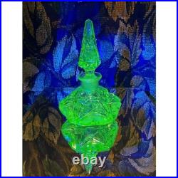 Vintage Green Cut Glass Perfume Bottle Art Deco Geometric Stopper Dauber 6 inch