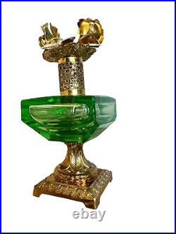 Vintage Green Cut Glass Perfume Bottle On Gold Gilded Pedestal Hollywood Regency